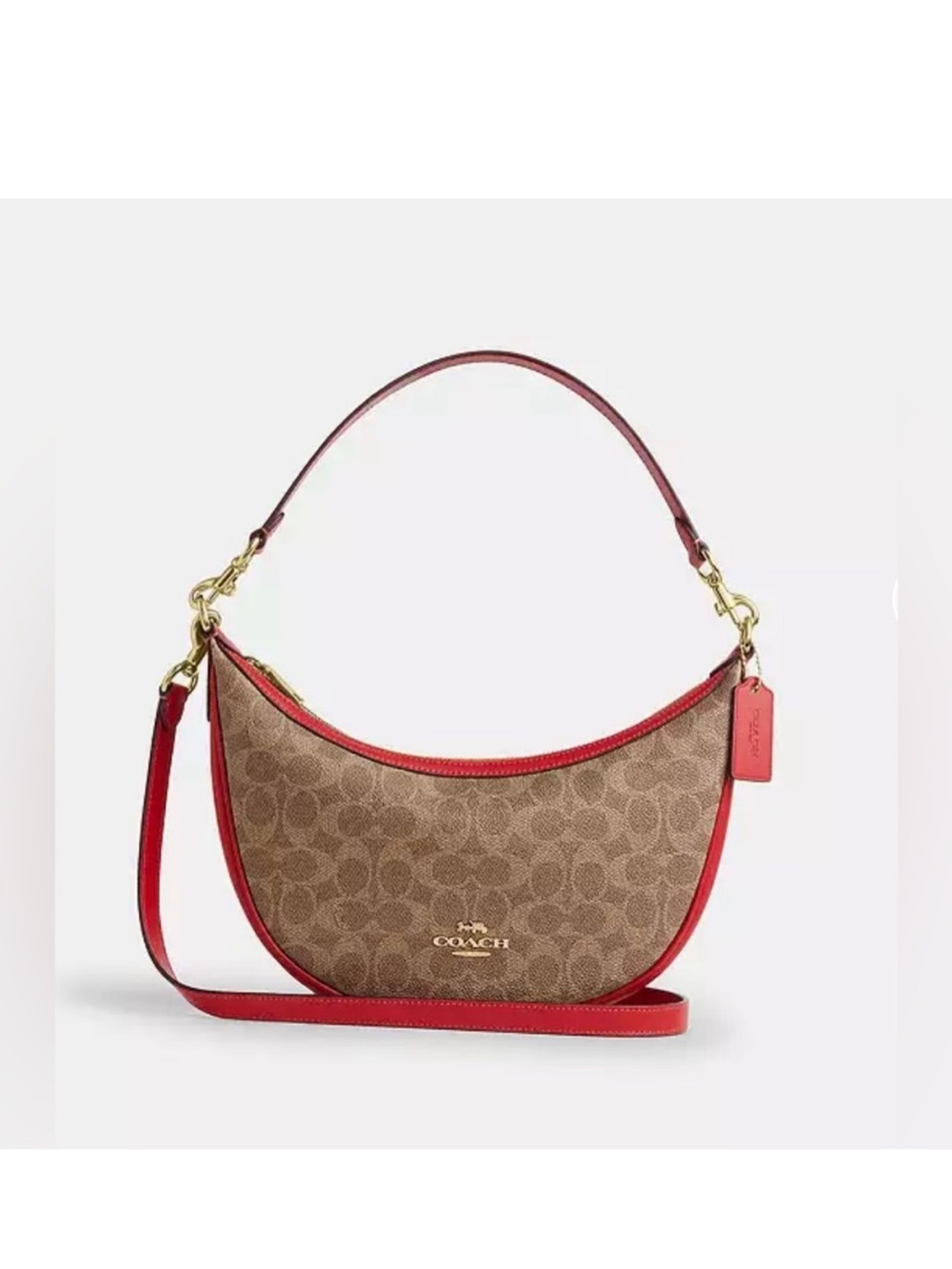 Coach Outlet Aria leather Shoulder Bag in Signature Canvas in red and brown